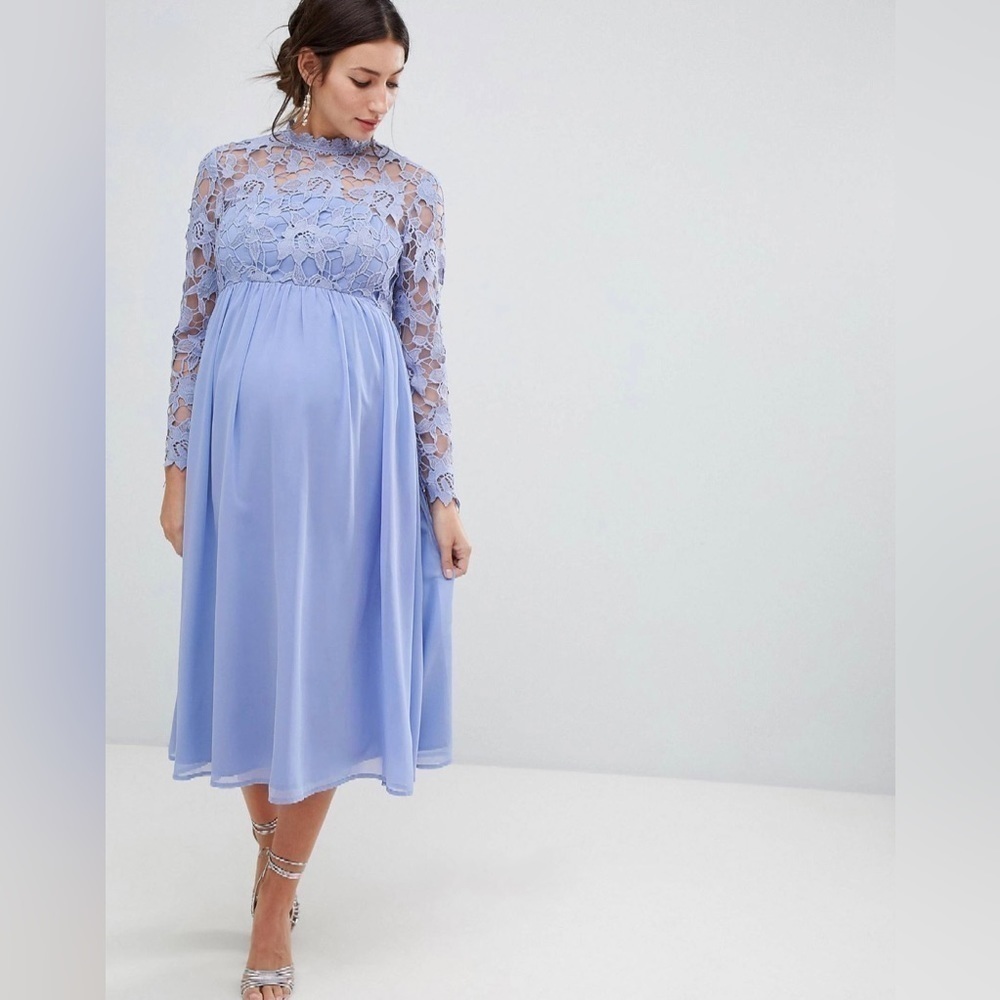 Chi Chi London Maternity Lolita Eyelet High Neck Midi Dress Purple Size 8